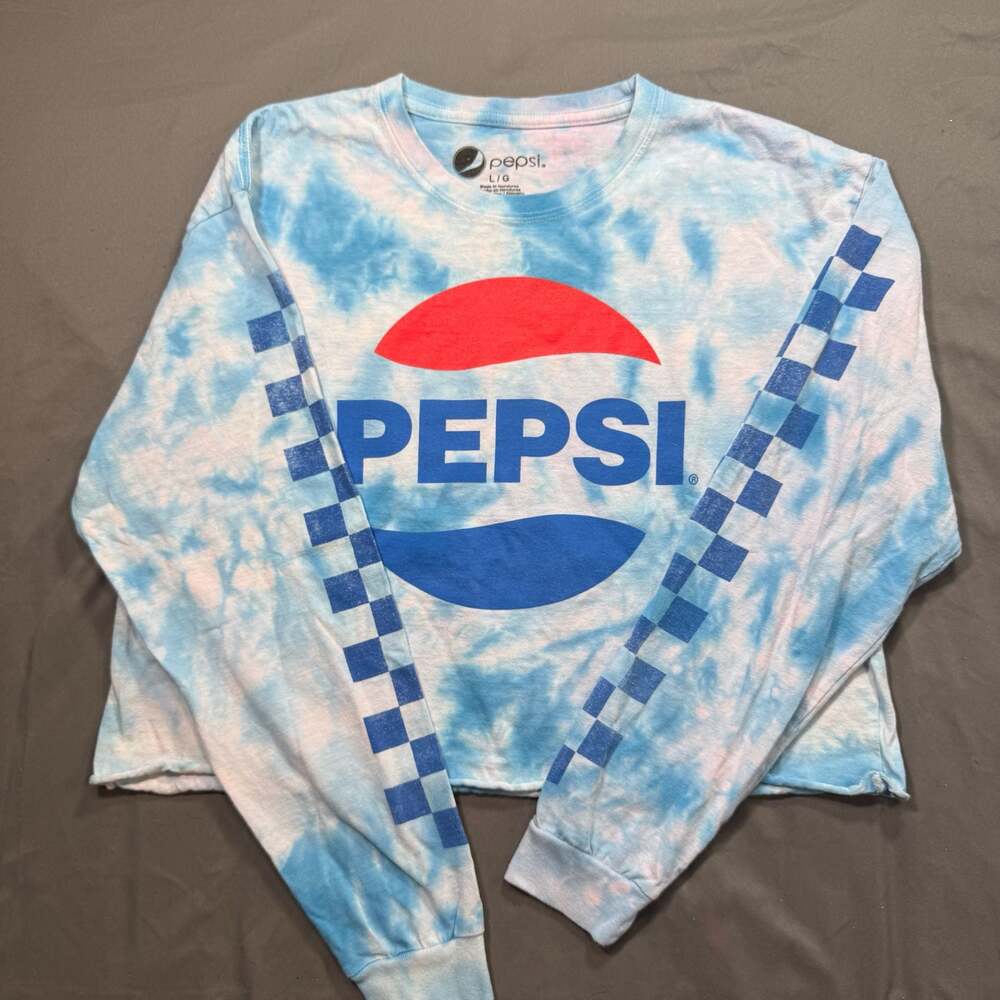 Pepsi Blue Tie Dye Long Sleeve Cropped Tee with Checkerboard Sleeves